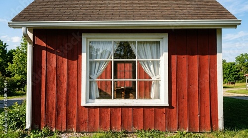 Red barn with white window, rural landscape