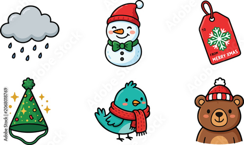 Christmas icons with snowman bear bird and party hat