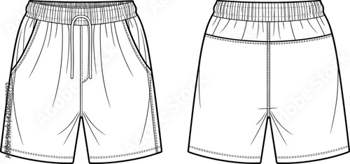 Foto Vector fashion template of men's elastic waistband athletic shorts with drawstring shown from front and back for apparel design