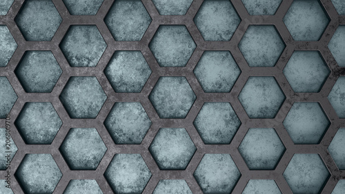 A dark weathered metal honeycomb grid above a mottled grey concrete surface. Industrial 3D rendered background pattern.