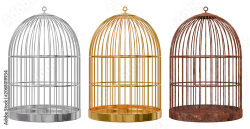 Empty domed metal birdcages featuring shiny silver, polished gold and weathered rusty finishes. Isolated 3D render.