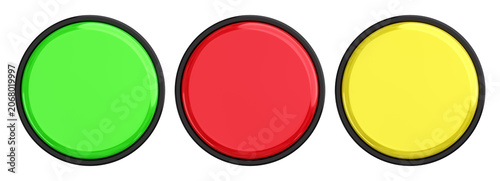 Top view of Round 3D rendered push buttons in green red and yellow for user interface design. Isolated 3D rendering.