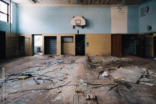 Foto Abandoned classroom with broken floor and damaged walls