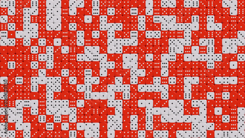 A top down grid of red and white casino dice creates a random textured background pattern. 3D rendering.