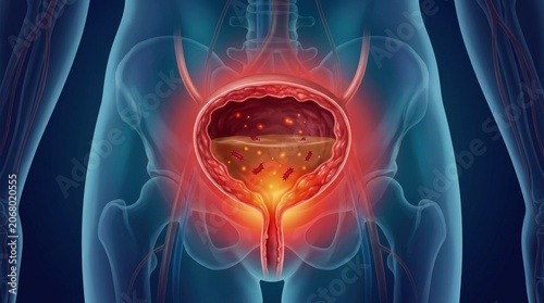 Urogenital ailment process: cystitis condition, bladder inflammation, microbe invasion, internal discomfort, urethra irritation, human physiology, medical challenge.