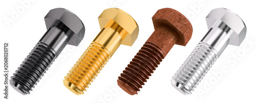 Set of industrial hex bolts angles dynamically showcasing sleek black polished gold weathered rust and shiny chrome finishes. Isolated 3D render.