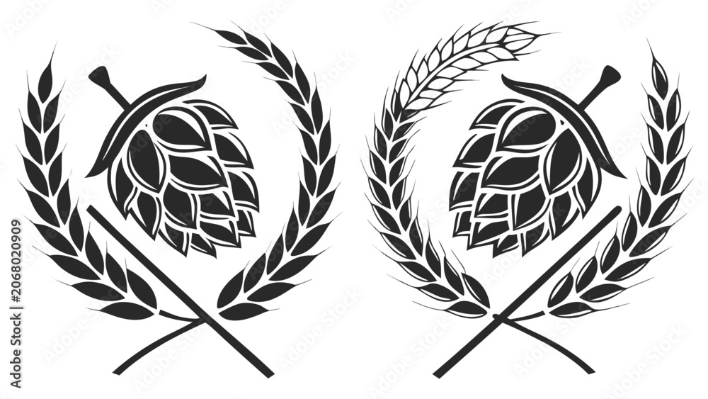 Obraz premium Set of hop cones and wheat ears, vector illustration, brewing industry design elements, beer ingredients icons