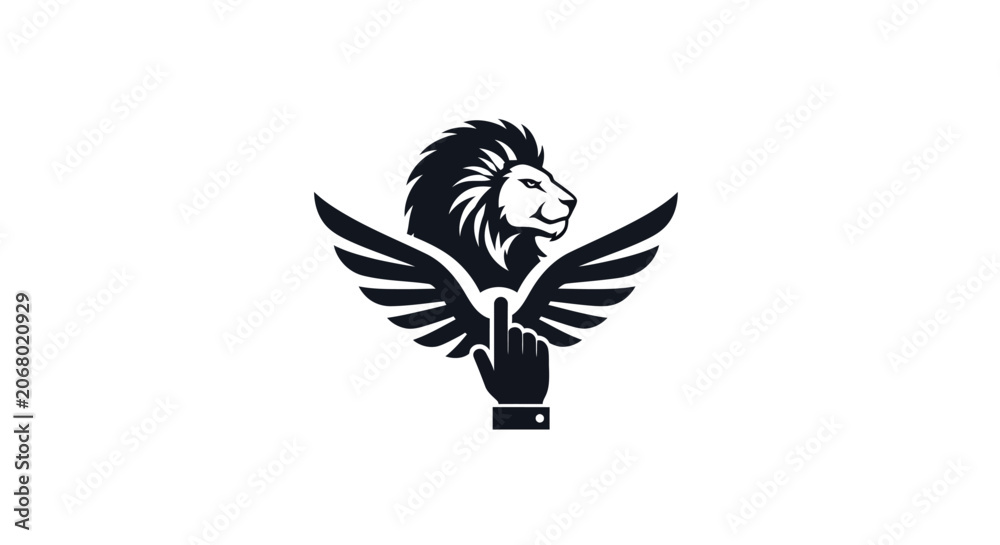 Fototapeta premium Winged Lion Emblem with Hand Icon