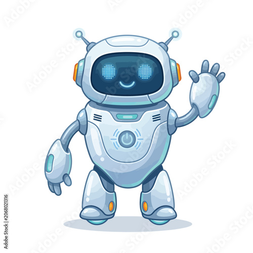 Smiling blue robot waving hand up
