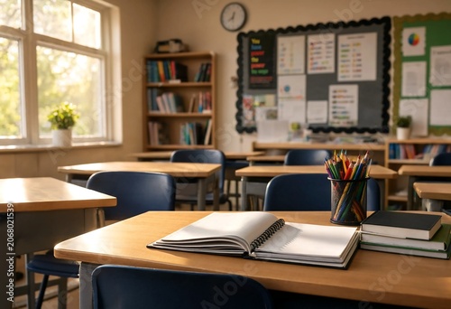 Empty classroom with desks and books bathed in warm sunlight from the window during the day