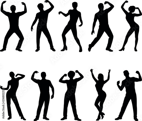 Collection of diverse male and female silhouettes in dynamic dancing poses and celebratory gestures