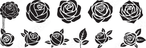 Obraz na plátně Collection of black silhouette rose flower with and without leaves on white back