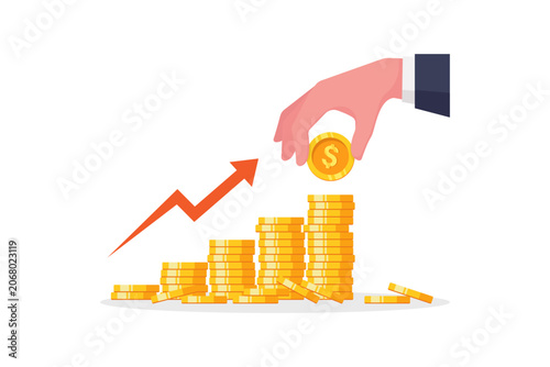 vector illustration of Business Investment Growth Concept With Hand Placing Coin On Rising Stack Of Gold Coins