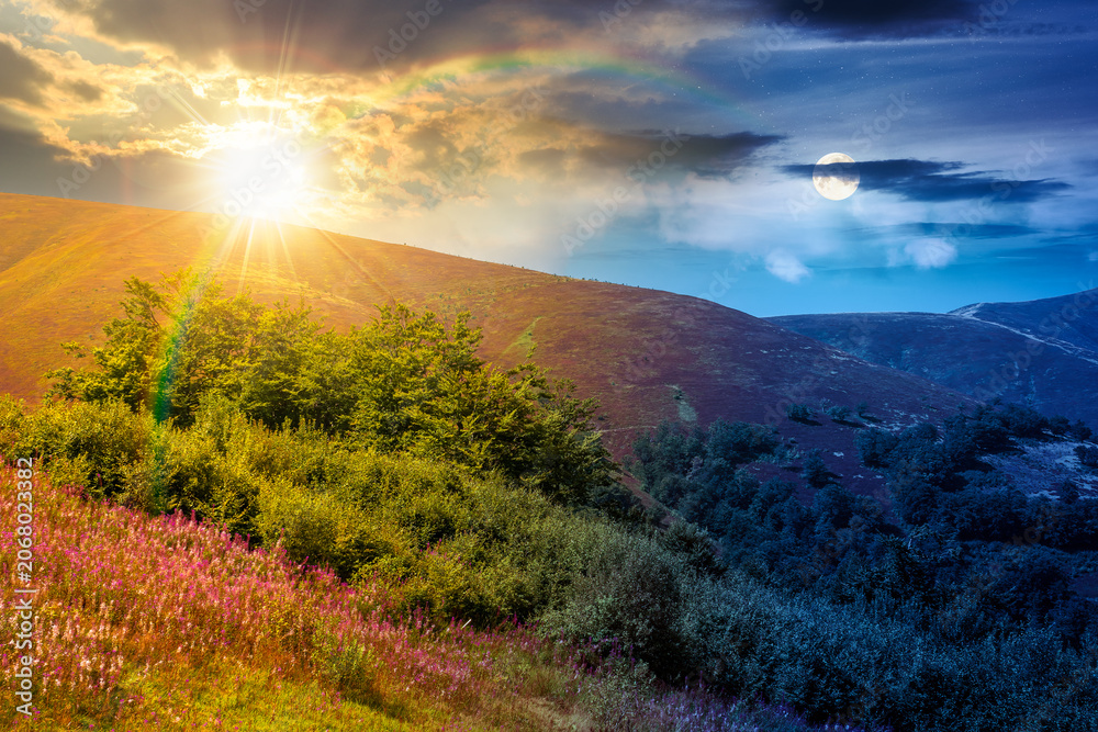 Obraz premium carpathian mountain landscape. travel ukraine on summer solstice. slopes mountain ridge in august at twilight. wonderful carpathian adventure with sun and moon on epic sky
