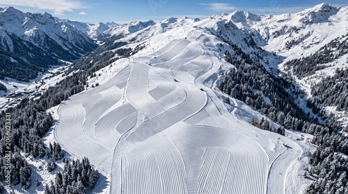 Aerial view of groomed ski slopes in a snowy mountain valley with pine trees
