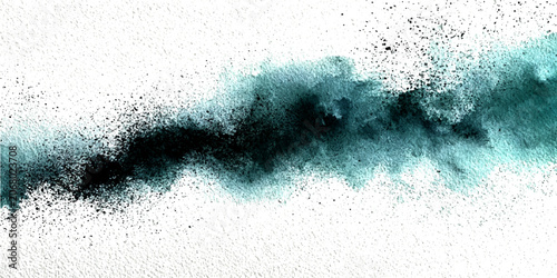 Tableau sur toile Abstract watercolor splash with teal and black pigment on white textured paper,