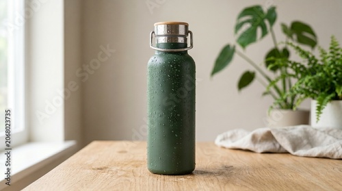 Forest Green Stainless Steel Thermos Flask with Water Drops and Houseplants