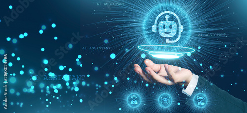 AI assistant concept with virtual support technology, conversational AI and intelligent automation visualized in a futuristic digital communication environment.
