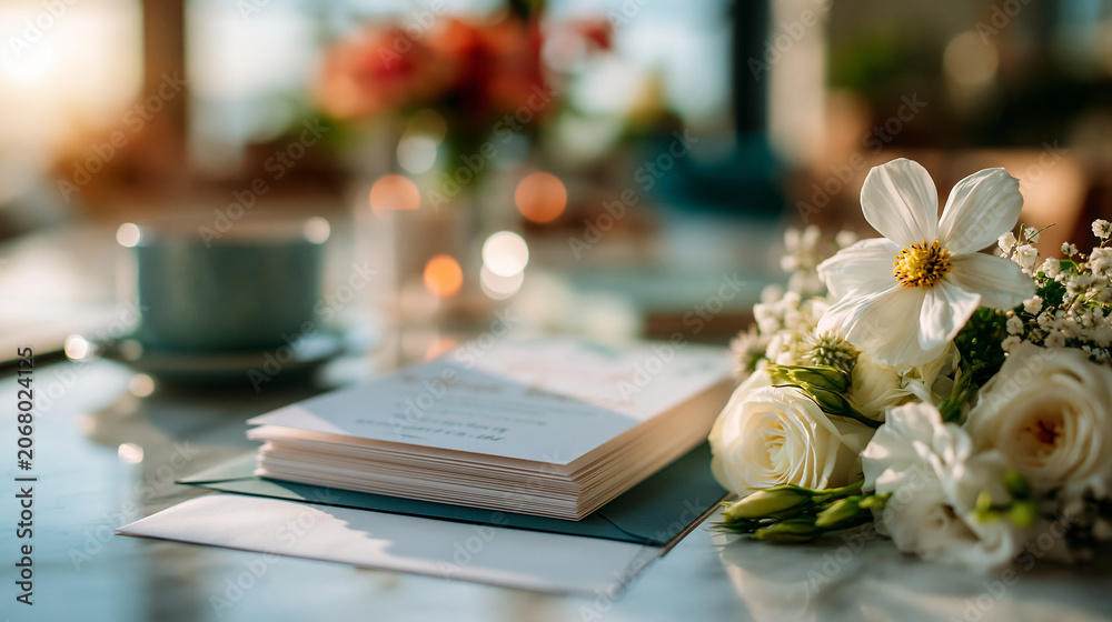 Obraz premium A wide shot of a calm stack of wedding invitations resting softly with flowers on a bright table invitation set faceless still softly defocused backdrop bright interior