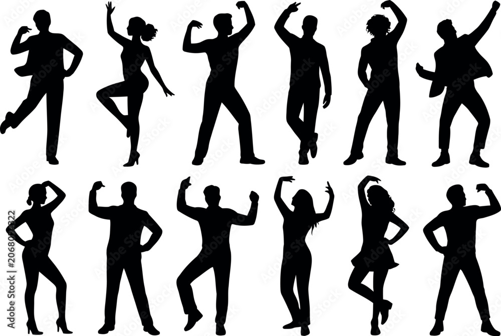 Fototapeta premium Silhouettes of dancing men and women captured in various energetic poses against a white background