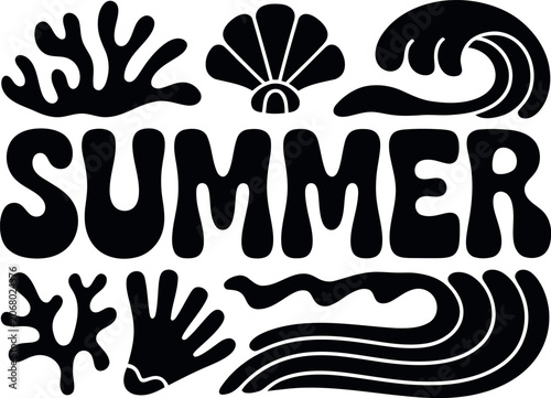 Stylized black summer lettering with ocean wave and coral reef elements