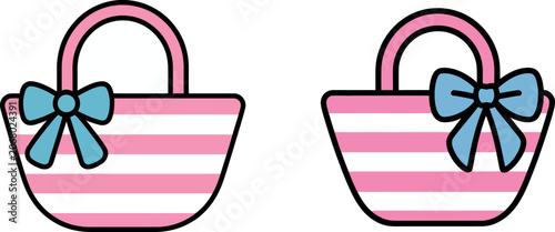 Two adorable pink and white striped tote bags with blue bows on each side
