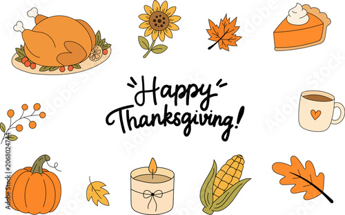 Happy Thanksgiving doodle set with turkey, pumpkin, autumn leaves, pie, corn and cozy fall elements. Hand drawn holiday collection.
