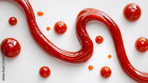 Abstract Swirl of Ketchup Sauce with Droplets on White Background.
