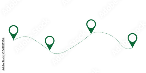 Tableau sur toile Minimalist map route with green location pins, curved path line with four naviga