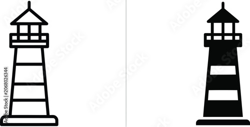 Minimalist lighthouse icon set, black and white nautical tower vector illustrations, simple maritime beacon silhouettes for web and logo design