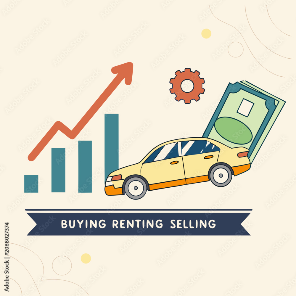 Fototapeta premium Car sales market. Poster with automobile on growth arrow pointing up. Rising cost of vehicles. Banner with car for buying, renting or selling. Design element for website. Flat vector .