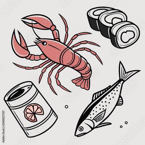 Tableau sur toile Hand-drawn seafood elements including crab, shrimp, sushi, and canned fish on a light grey background, representing seafood cuisine