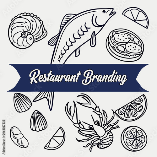 Photos Hand-drawn seafood elements including fish, shrimp, sushi, shells, and lemon slices on a light background with a bold blue banner for restaurant branding
