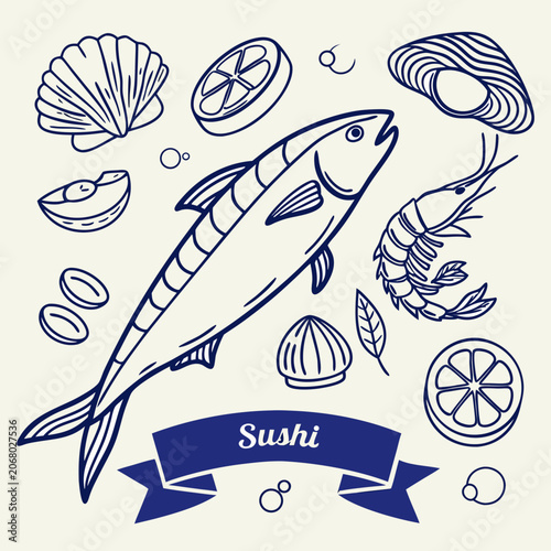 Tableau sur toile Hand-drawn seafood elements including fish, shrimp, sushi, shells, and lemon slices on a light background with a bold blue banner for restaurant branding