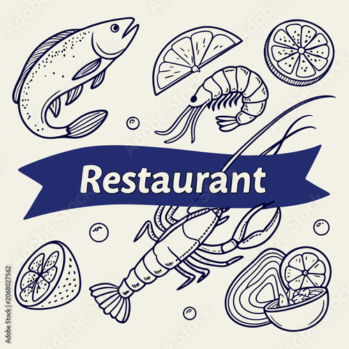 Photos Hand-drawn seafood elements including fish, shrimp, sushi, shells, and lemon slices on a light background with a bold blue banner for restaurant branding
