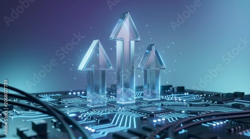Abstract digital circuit with glowing arrows symbolizing technological growth
