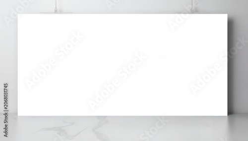 A large blank white poster or canvas is hanging on a wall in a room with a smooth gray floor, providing a clean and minimalist space for display or exhibition