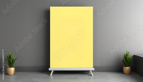 A modern room with a large yellow canvas on a stand flanked by two potted plants against a gray wall background