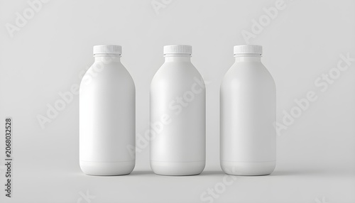 Three white plastic bottles with screw on caps standing upright on a light gray surface and background