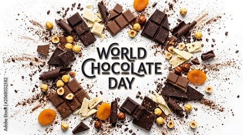 World Chocolate Day arrangement with various chocolates nuts and dried apricots on white background