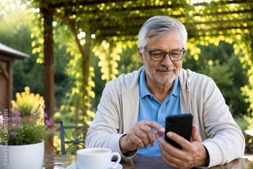 Title:
Senior Man Using Smartphone Outdoors in Garden Cafe Setting