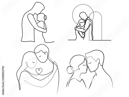 Minimal One Line Family and Couple Vector Set – Romantic Hugging, Mother with Child, and Love Continuous Line Art Collection