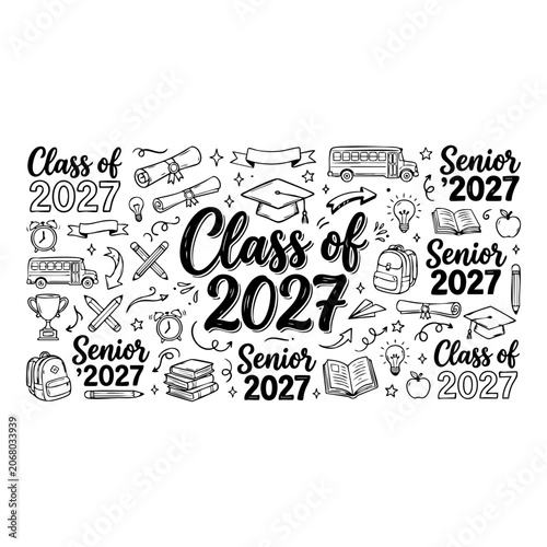 Class of 2027 graduation hand drawn doodles illustration with graduation education university academic certificate celebration achievement learning graduate scholastic knowledge elementary
