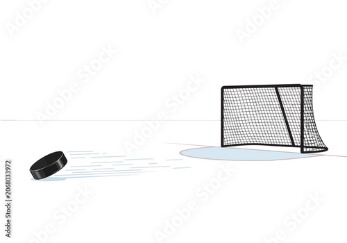 Photography Hockey puck flying into goal net.