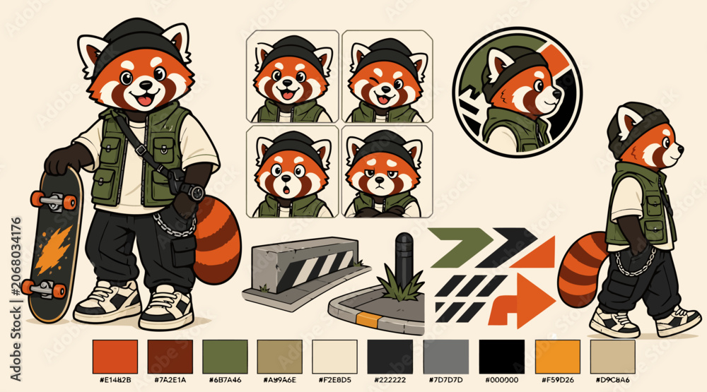 Fototapeta premium Cute Red Panda Character Design with Accessories and Color Palette.