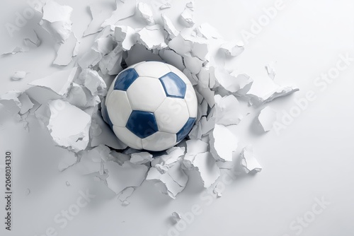 Soccer ball breaking through white wall