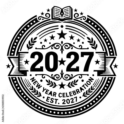 Canvastavla 2027 new year celebration emblem with vintage book and ribbons celebration typog