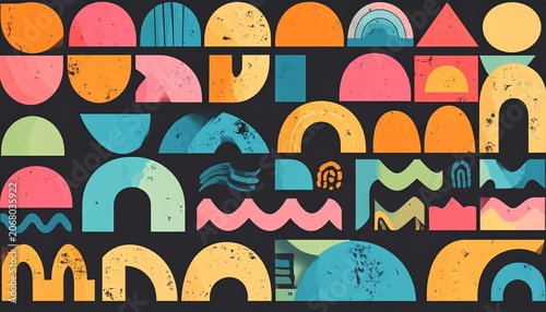 Colorful geometric abstract pattern with arches, waves, and textured shapes