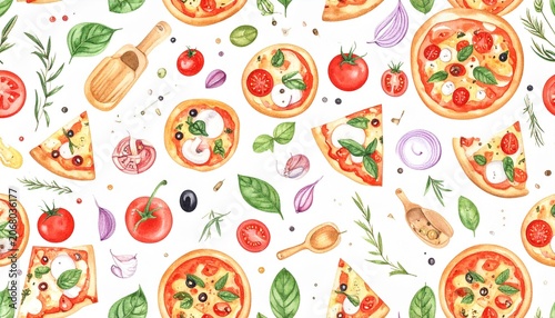 Seamless pizza pattern with ingredients, herbs, and vibrant food illustrations