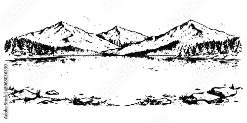 Canvastavla Black and white ink sketch of mountain landscape with a calm lake and forest pin